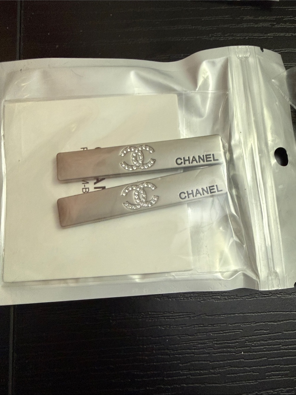 CHANEL Silver Crystal CC Logo Hair Barrettes - Pair